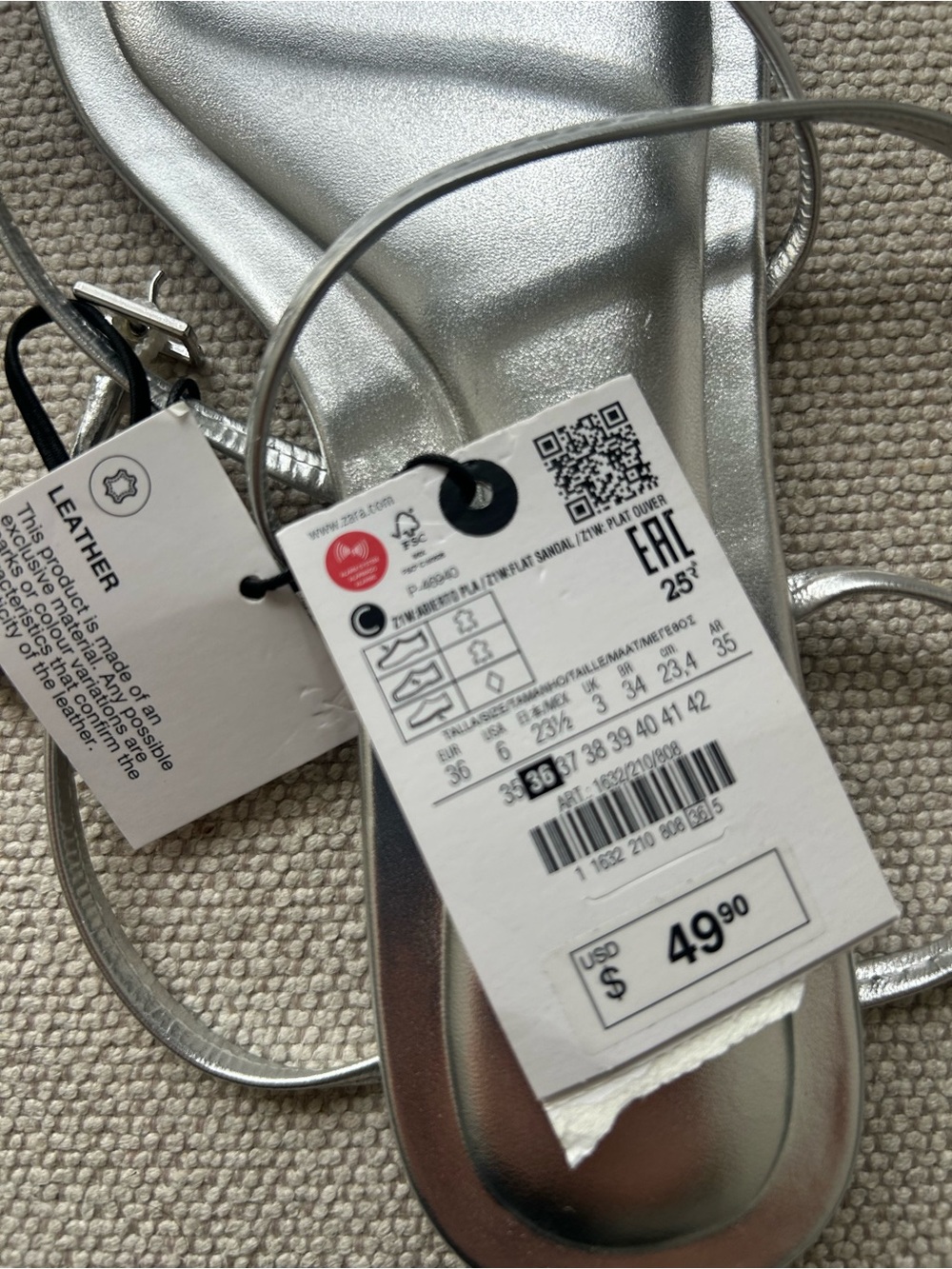 ZARA NWT Silver Leather Strappy Flat Sandals EU 36 US 6.5